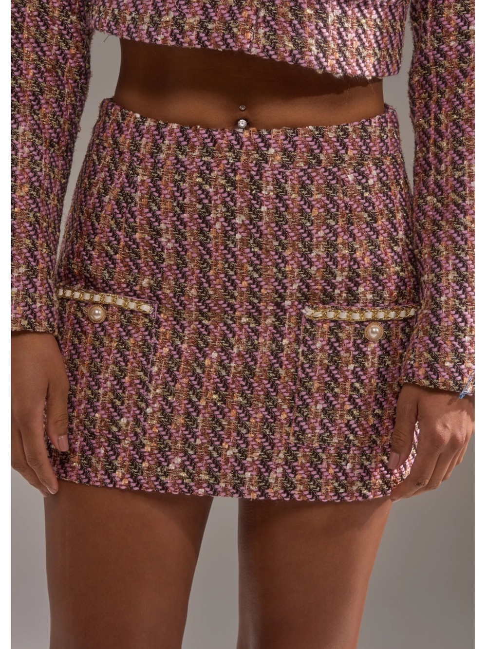 AKIRA Pink Multi Tweed Pearl Button Detail Mini Skirt NWT XLarge